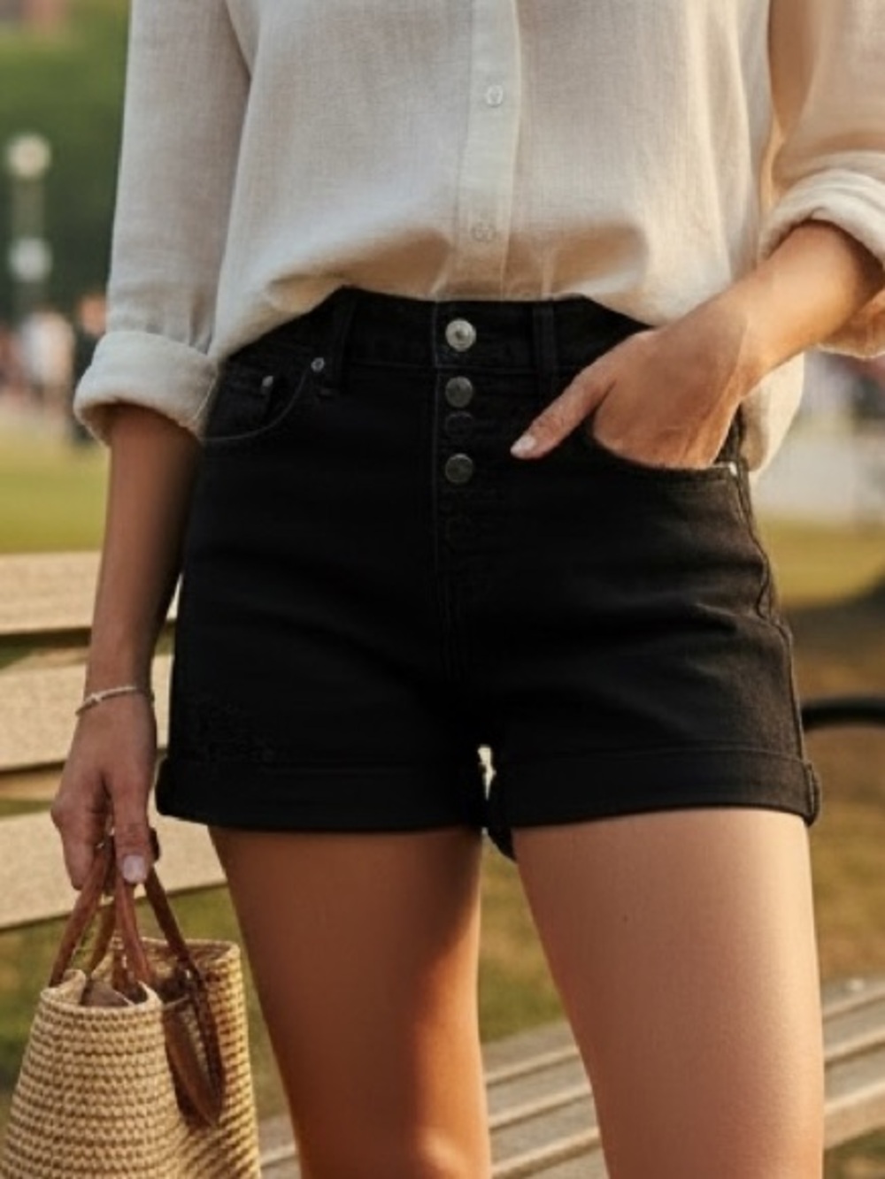 Indigo Rein Women's 11/29 Black Denim High Rise Bermuda Cuffed 5-Pocket Shorts